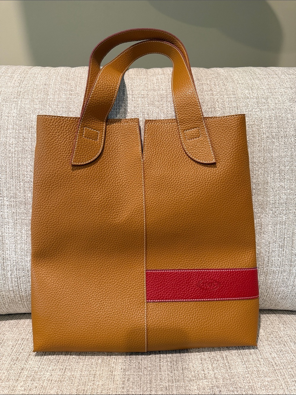 Leather Tote Bag in Tan with Red Accent